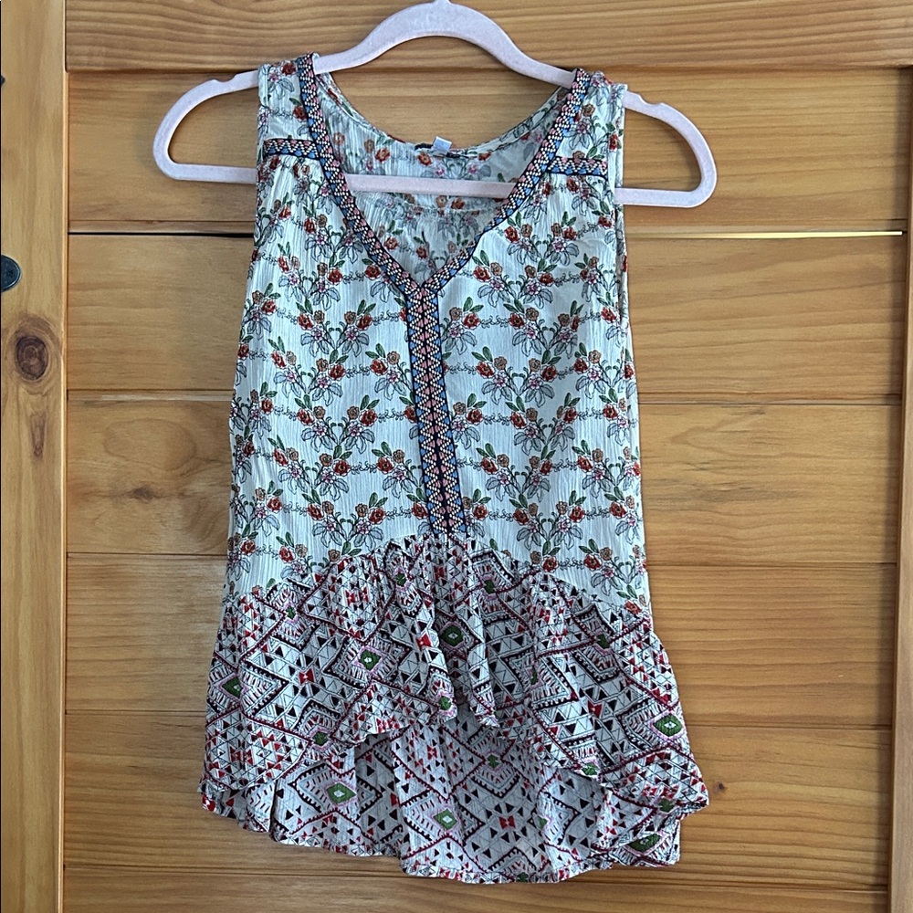 Patrons of Peace Cream Floral V-Neck Ruffle Tank